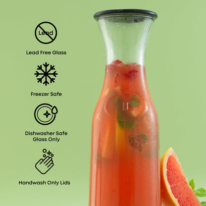 Glass Carafe Set with BPA-Free Lids – 3pc Set with Extra Lids, Fits Large Ice Cubes, Dishwasher Safe