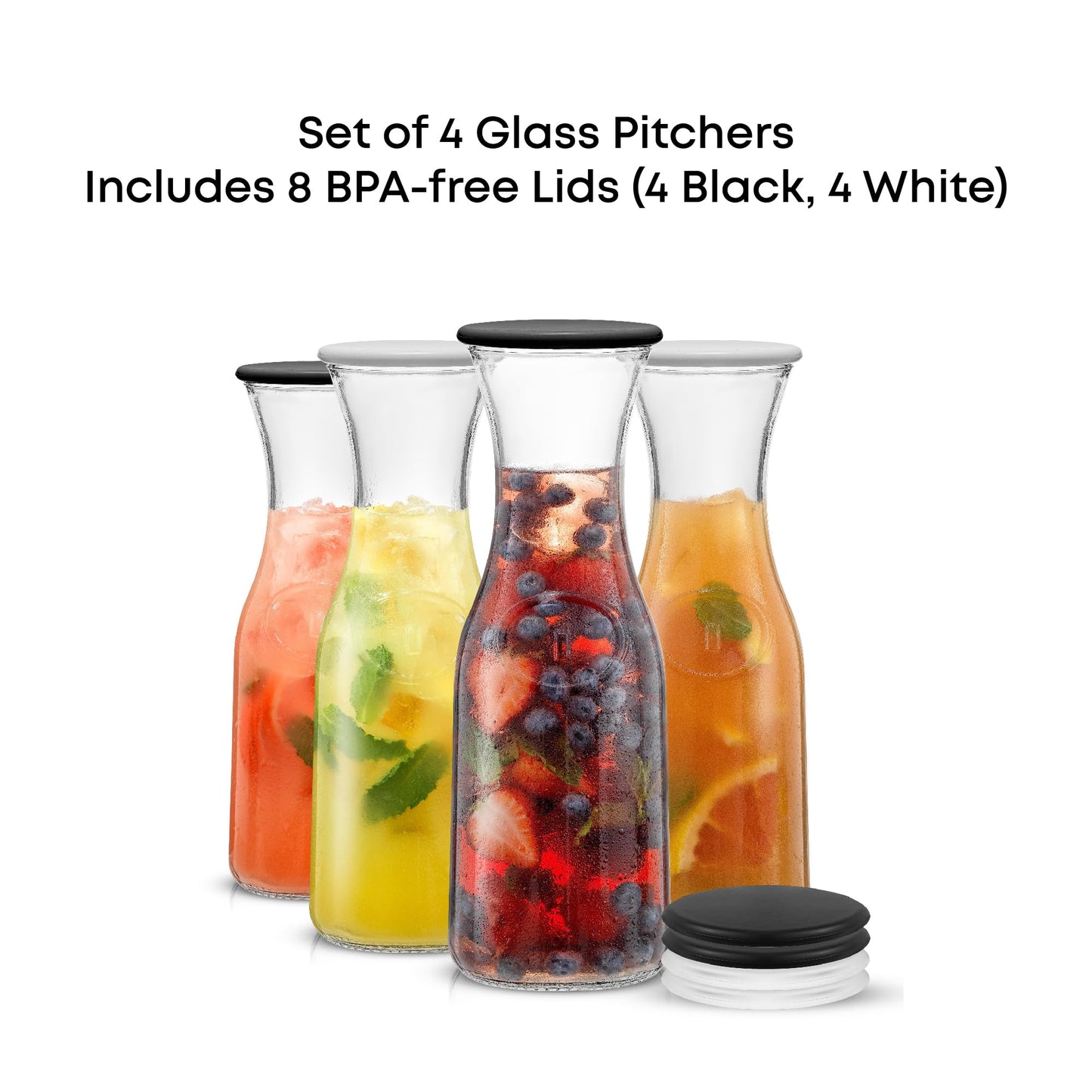 Glass Carafe Set with BPA-Free Lids – 3pc Set with Extra Lids, Fits Large Ice Cubes, Dishwasher Safe