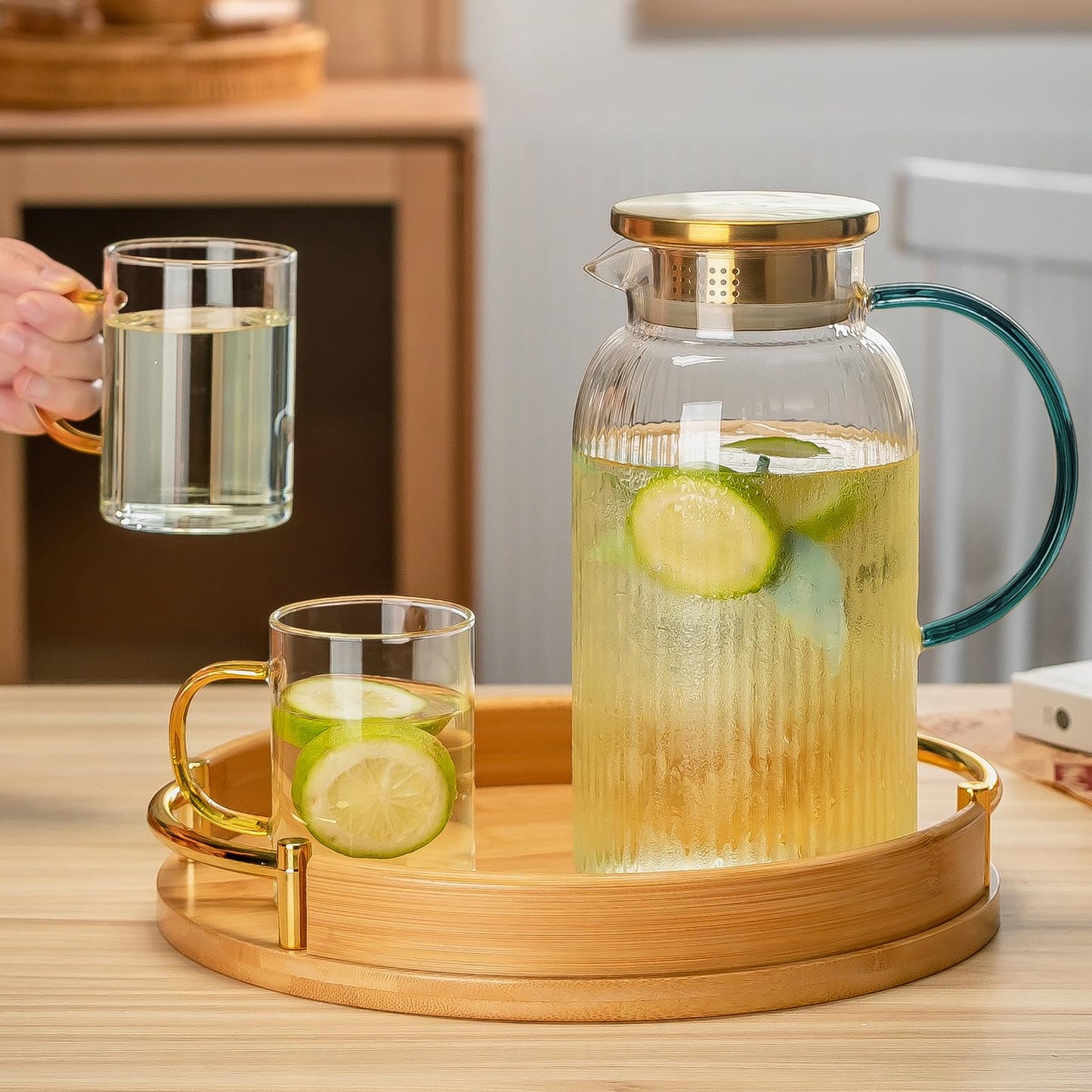 Glass Water Pitcher – 68oz Borosilicate Carafe with Stainless Steel Lid - Heat-Resistant