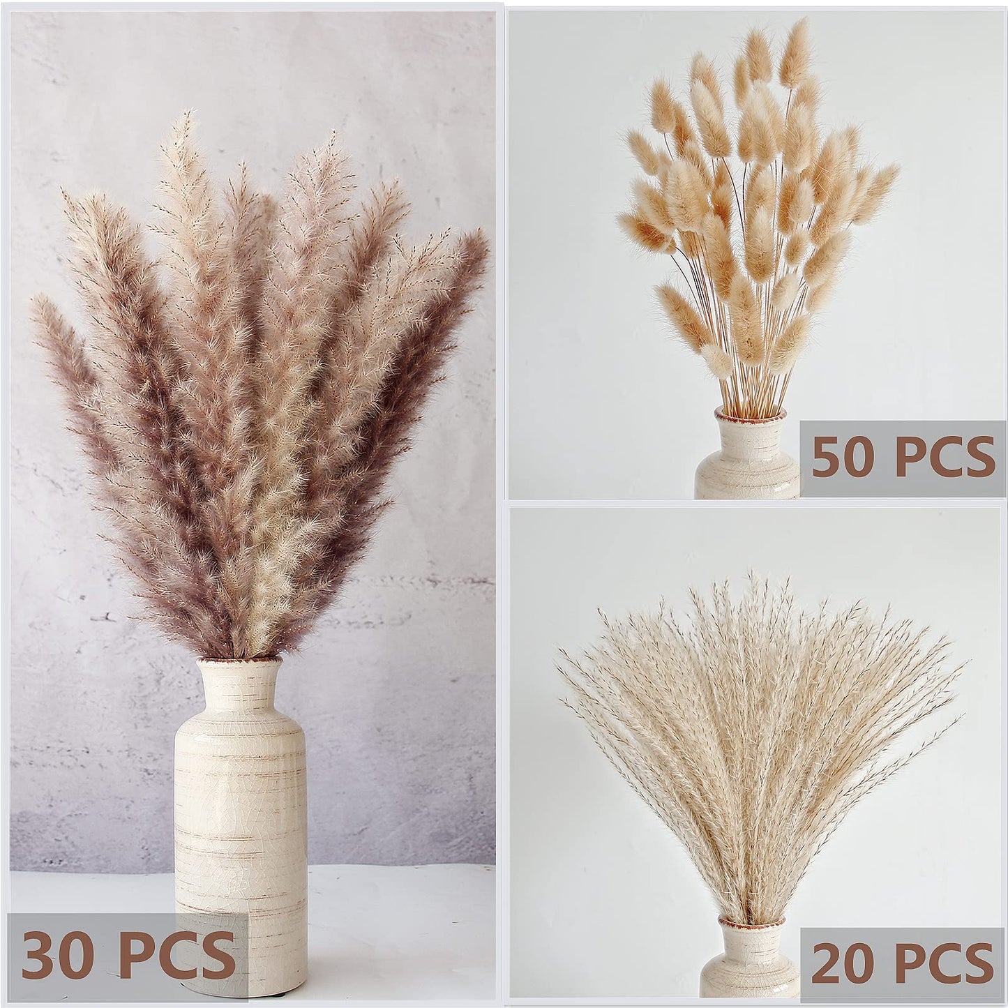 Natural Dried Pampas Grass Bouquet – Mixed Fluffy Pompous Grass for Vase, Boho Decor, Weddings, Gifts & Home Arrangements 100PCS