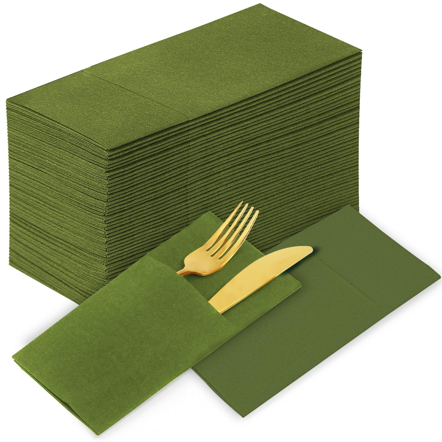 Solid Color Pocket Napkins – 50-Pack Linen-Like Paper Napkins with Silverware Pocket | Soft, Absorbent & Elegant for Dining, Weddings, and Events - Matcha Green
