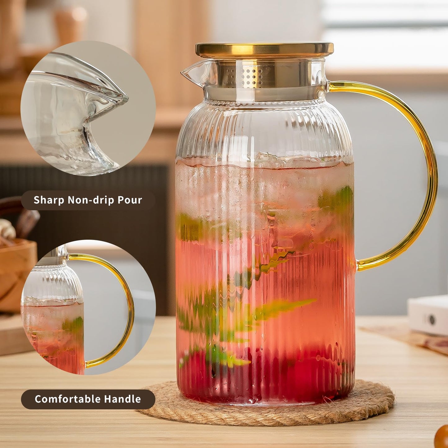 Glass Water Pitcher – 68oz Borosilicate Carafe with Stainless Steel Lid - Heat-Resistant