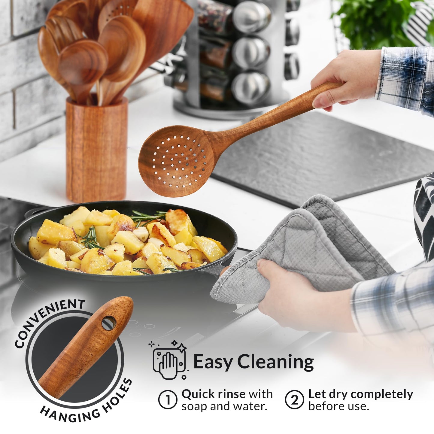 Teak Wood Cooking Utensil Set – 6-Piece Wooden Kitchen Tools | Non-Scratch, Heat-Resistant, Durable Cookware Set