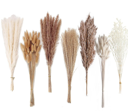 Natural Dried Pampas Grass Bouquet – Mixed Fluffy Pompous Grass for Vase, Boho Decor, Weddings, Gifts & Home Arrangements 100PCS