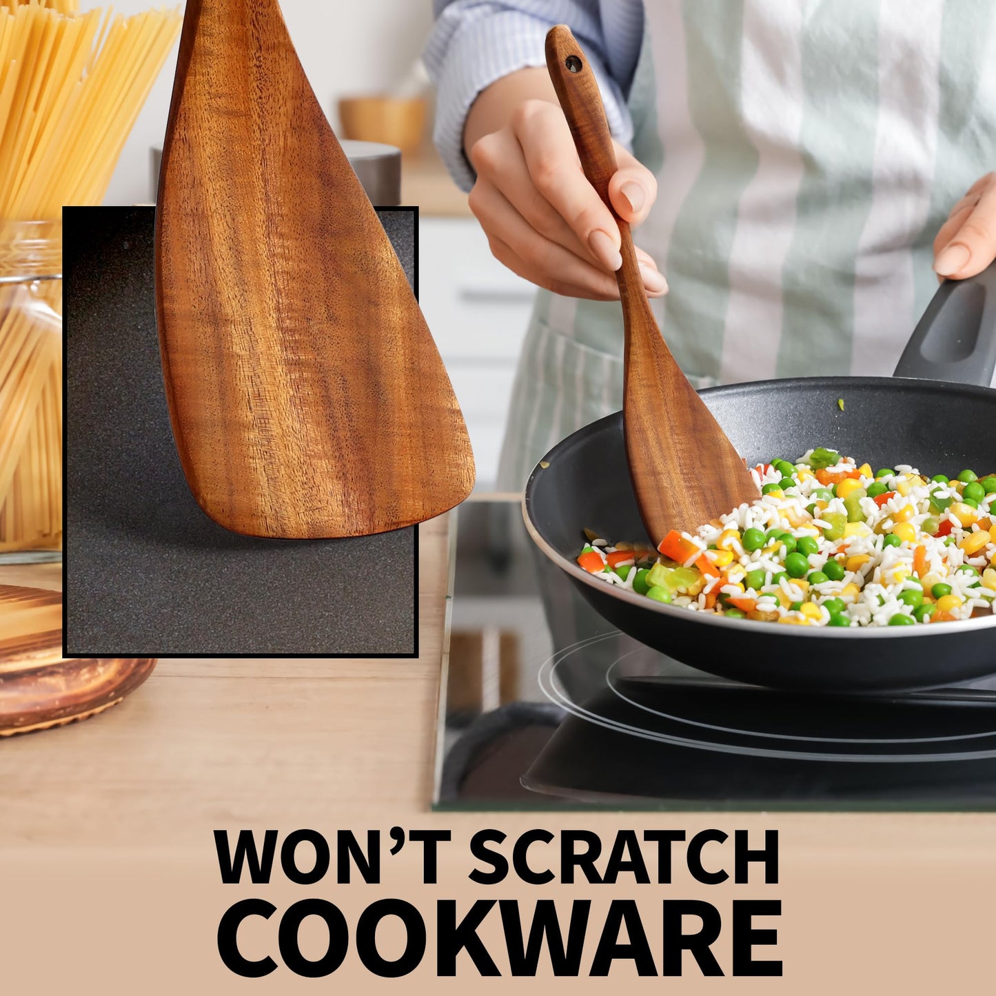 Teak Wood Cooking Utensil Set – 6-Piece Wooden Kitchen Tools | Non-Scratch, Heat-Resistant, Durable Cookware Set