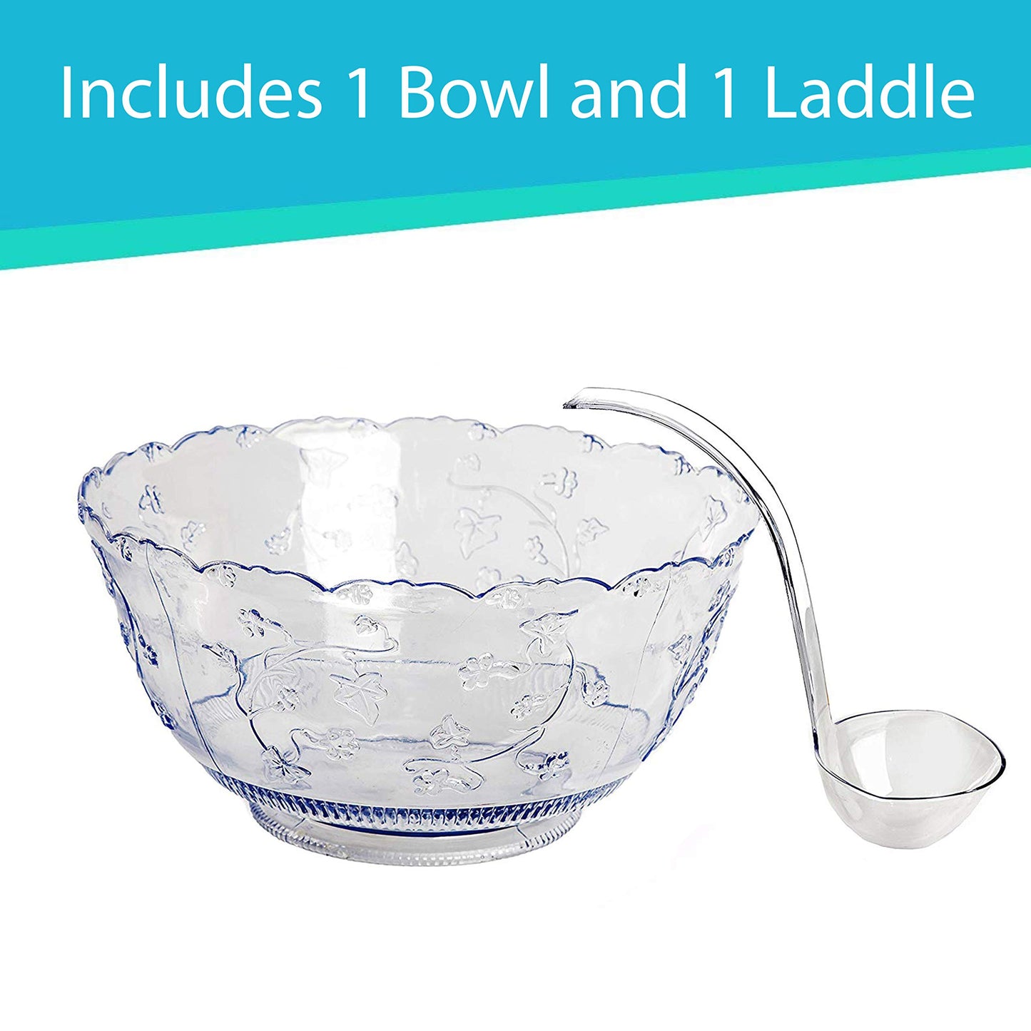 2-Gallon Crystal-Look Plastic Punch Bowl with 5 oz Ladle – Reusable & Dishwasher Safe | Heavy-Duty Serving Bowl for Parties, Weddings & Events