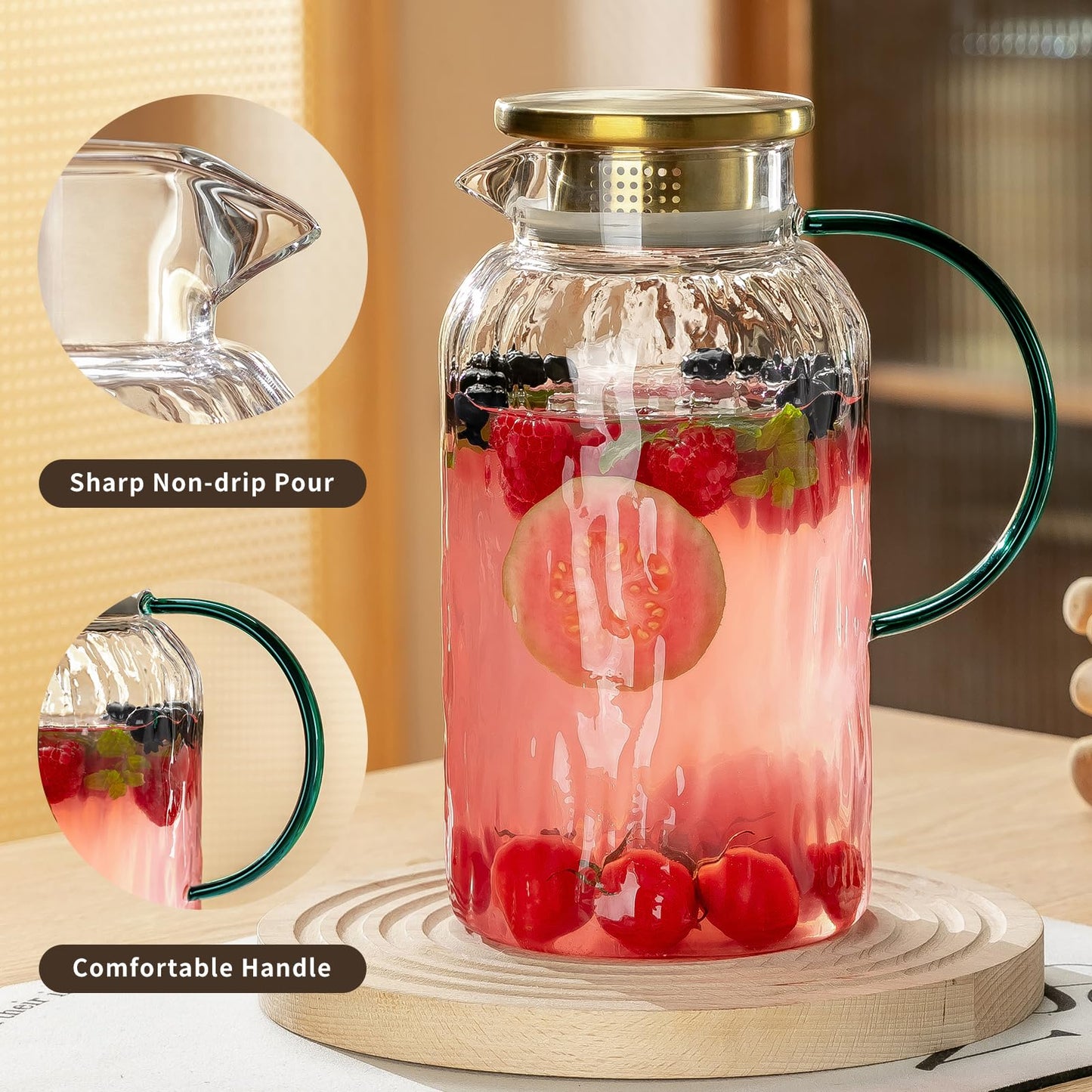 Glass Water Pitcher – 68oz Borosilicate Carafe with Stainless Steel Lid - Heat-Resistant