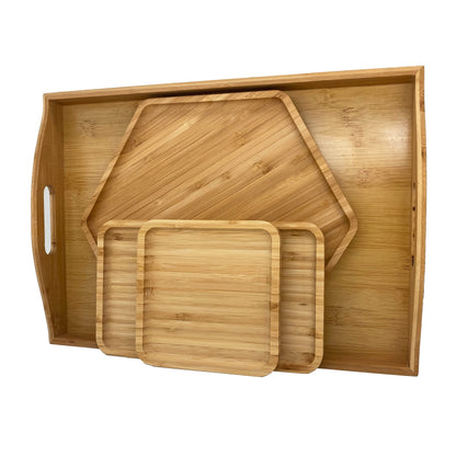 Natural Bamboo Serving Plate Set – Large Rectangle with Handle + Hexagon & Square Plates