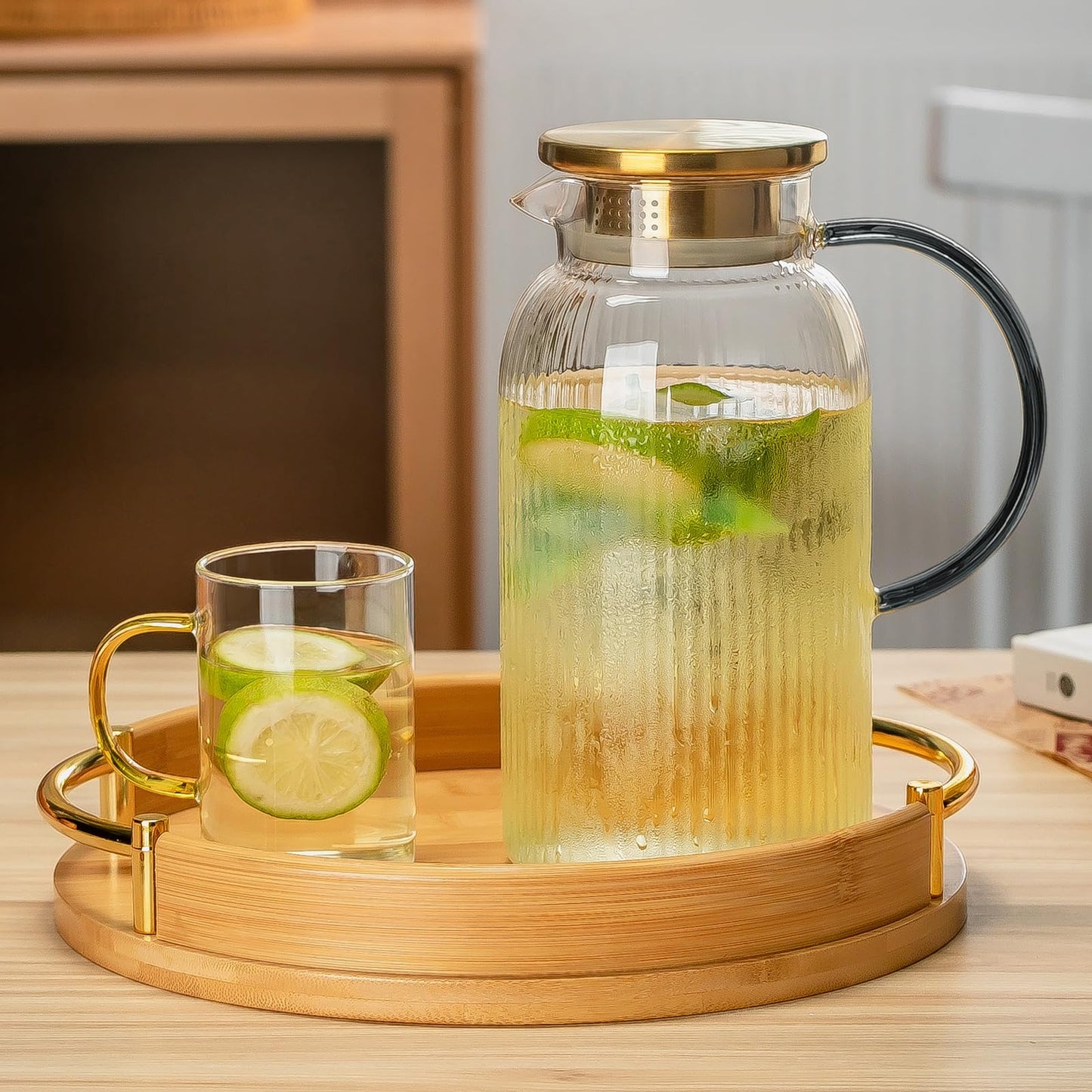 Glass Water Pitcher – 68oz Borosilicate Carafe with Stainless Steel Lid - Heat-Resistant