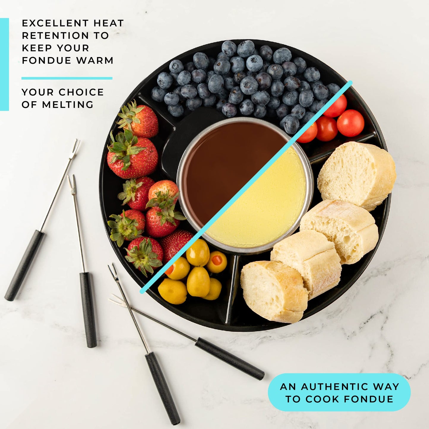 Deluxe Electric Fondue Pot Set – 10oz Melting Bowl with Warming Base, 3-Section Serving Tray & 4 Skewers – Chocolate & Cheese Melting Pot for Parties, Holidays & Gifts Serve at Movie Night or Game Night.