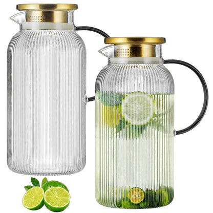 Glass Water Pitcher – 68oz Borosilicate Carafe with Stainless Steel Lid - Heat-Resistant