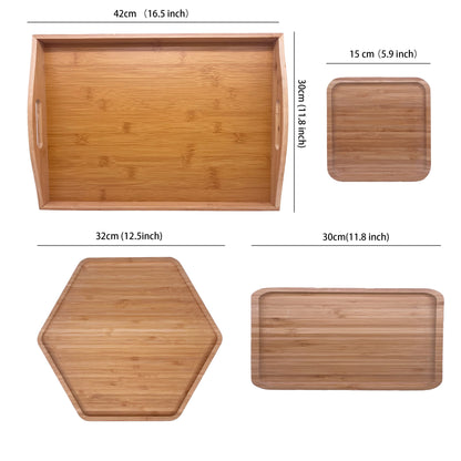 Natural Bamboo Serving Plate Set – Large Rectangle with Handle + Hexagon & Square Plates