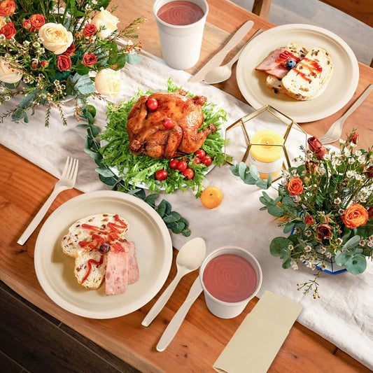 Compostable Dinnerware Set – Eco-Friendly Plates, Cutlery, Cups & More for 50 Guests -400-Pack