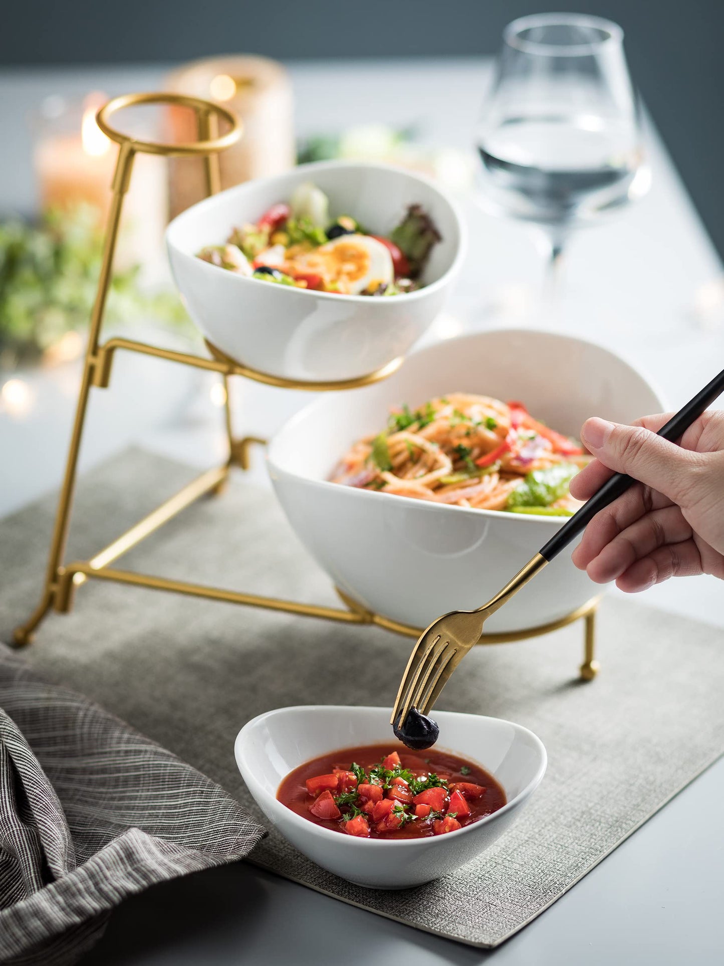 2-Tier Ceramic Chip and Dip Serving Set with Metal Stand – Divided White Glazed Bowls for Sauces, Snacks, and Appetizers