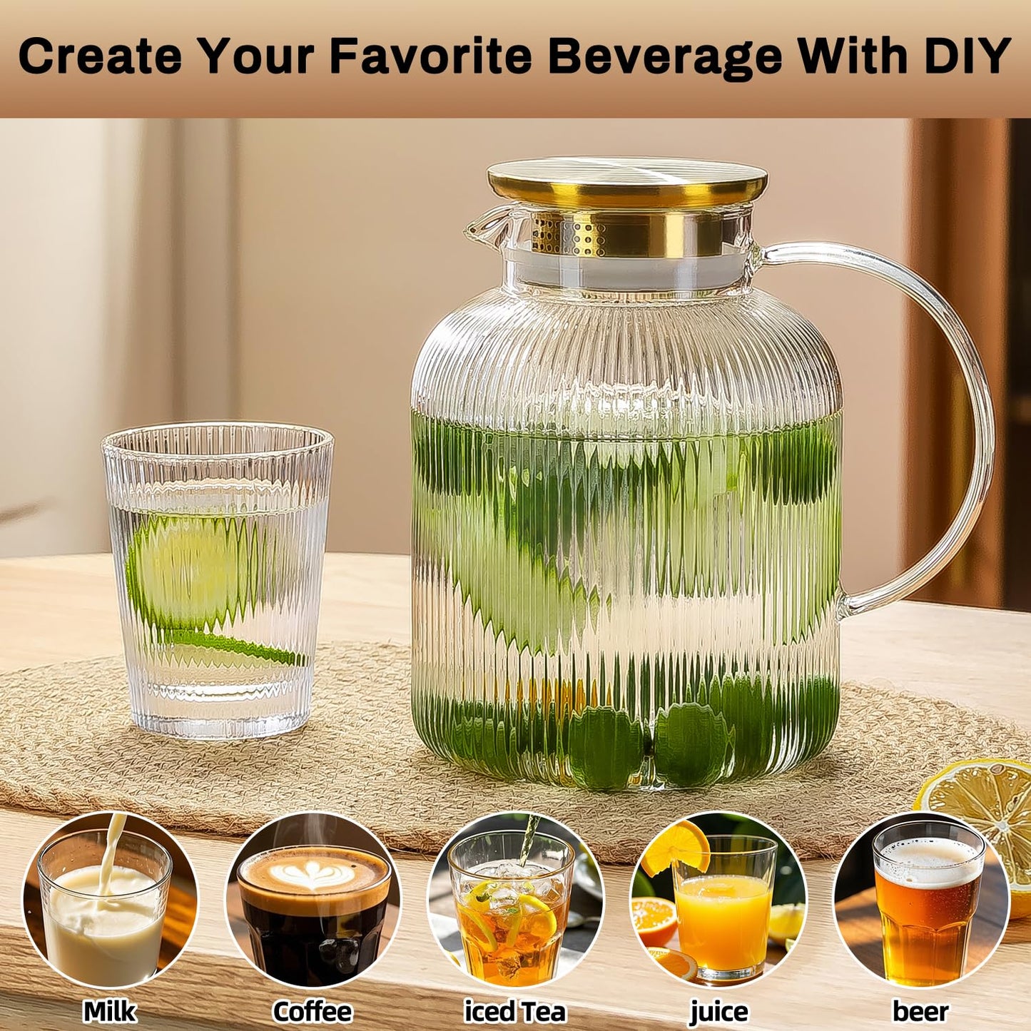 Glass Water Pitcher – 68oz Borosilicate Carafe with Stainless Steel Lid - Heat-Resistant