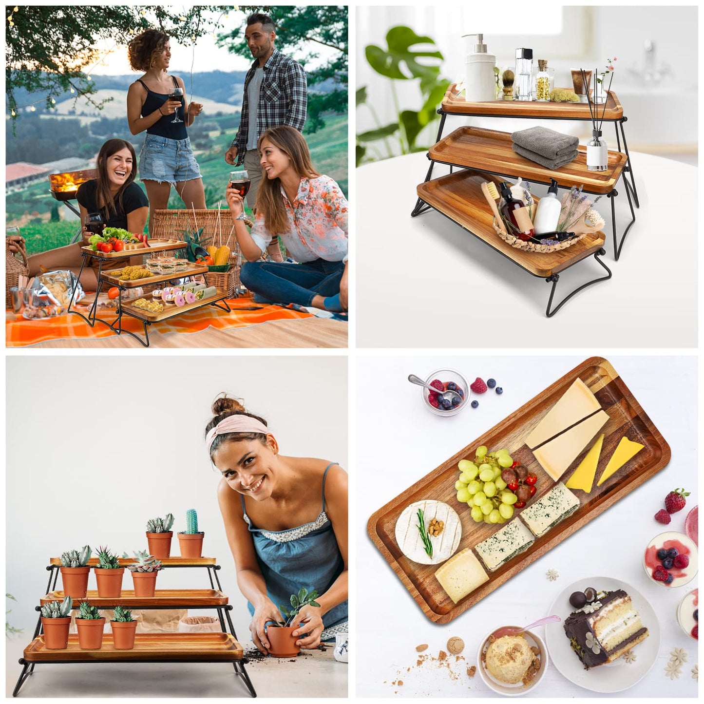 Acacia Wood Serving Tray – Handcrafted Charcuterie & Dessert Stand with Collapsible Rack | Rustic Wood Display for Parties, Events