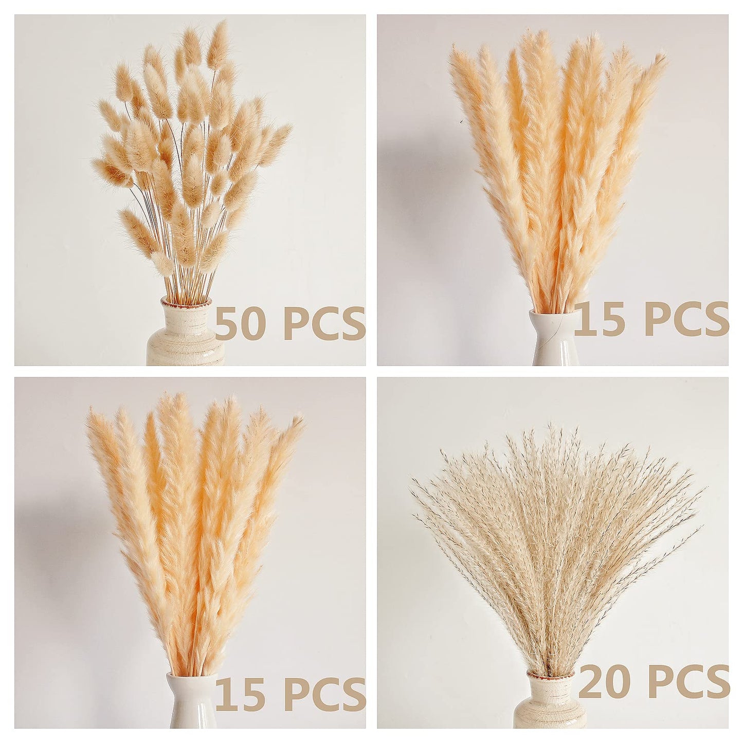 Natural Dried Pampas Grass Bouquet – Mixed Fluffy Pompous Grass for Vase, Boho Decor, Weddings, Gifts & Home Arrangements 100PCS