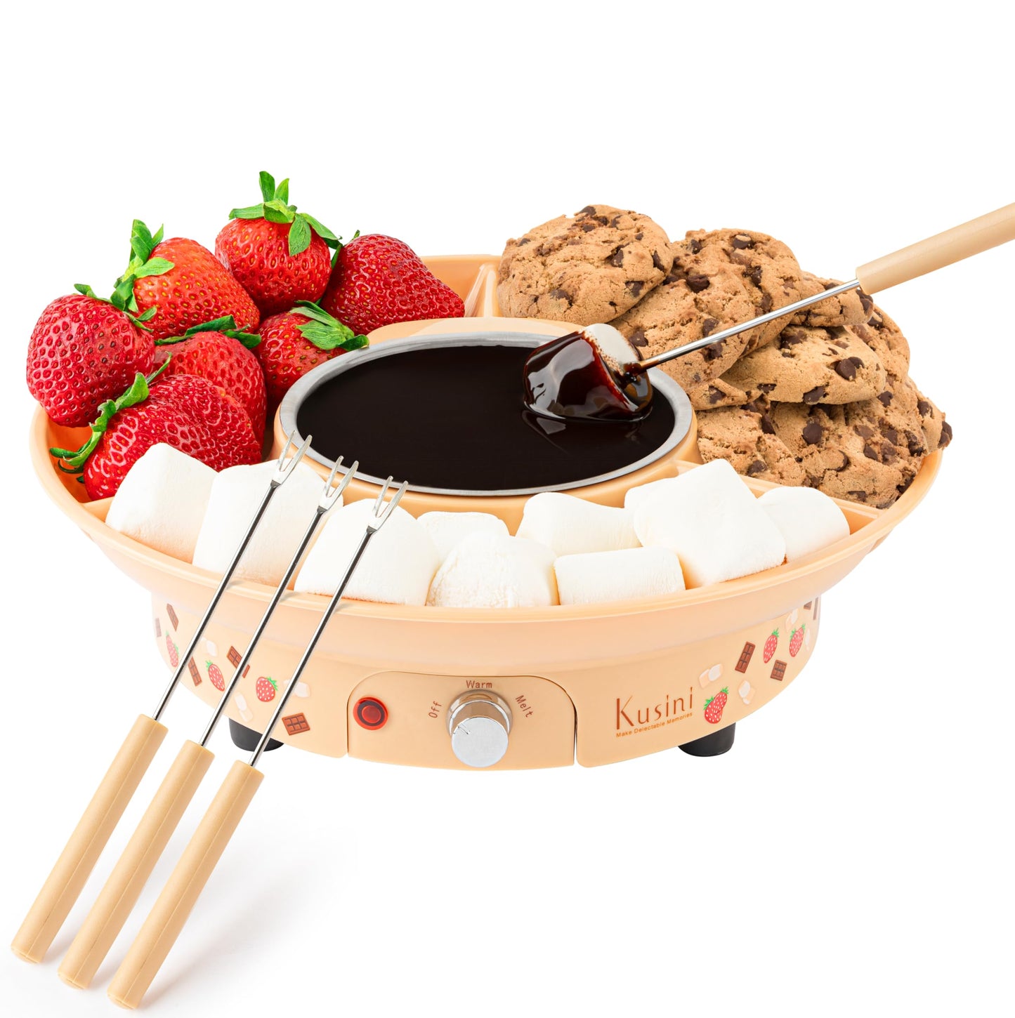 Deluxe Electric Fondue Pot Set – 10oz Melting Bowl with Warming Base, 3-Section Serving Tray & 4 Skewers – Chocolate & Cheese Melting Pot for Parties, Holidays & Gifts Serve at Movie Night or Game Night.