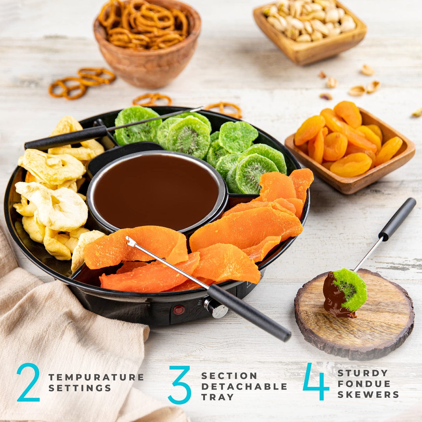 Deluxe Electric Fondue Pot Set – 10oz Melting Bowl with Warming Base, 3-Section Serving Tray & 4 Skewers – Chocolate & Cheese Melting Pot for Parties, Holidays & Gifts Serve at Movie Night or Game Night.