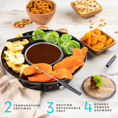 Deluxe Electric Fondue Pot Set – 10oz Melting Bowl with Warming Base, 3-Section Serving Tray & 4 Skewers – Chocolate & Cheese Melting Pot for Parties, Holidays & Gifts Serve at Movie Night or Game Night.