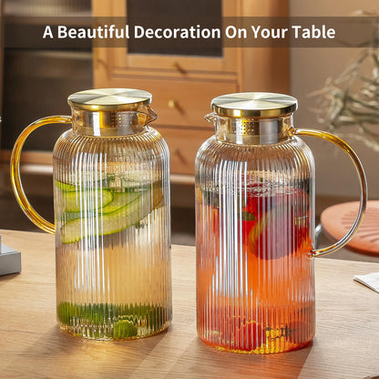 Glass Water Pitcher – 68oz Borosilicate Carafe with Stainless Steel Lid - Heat-Resistant