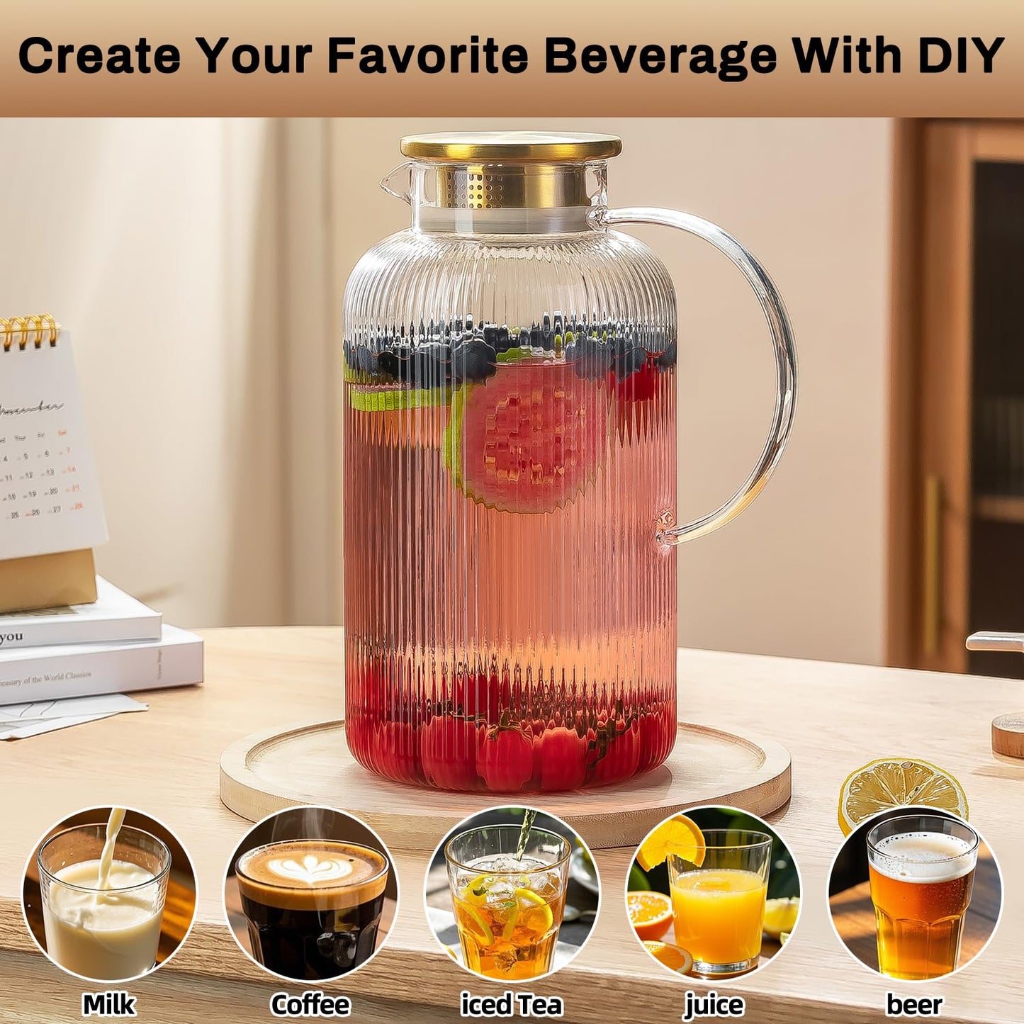 Glass Water Pitcher – 68oz Borosilicate Carafe with Stainless Steel Lid - Heat-Resistant