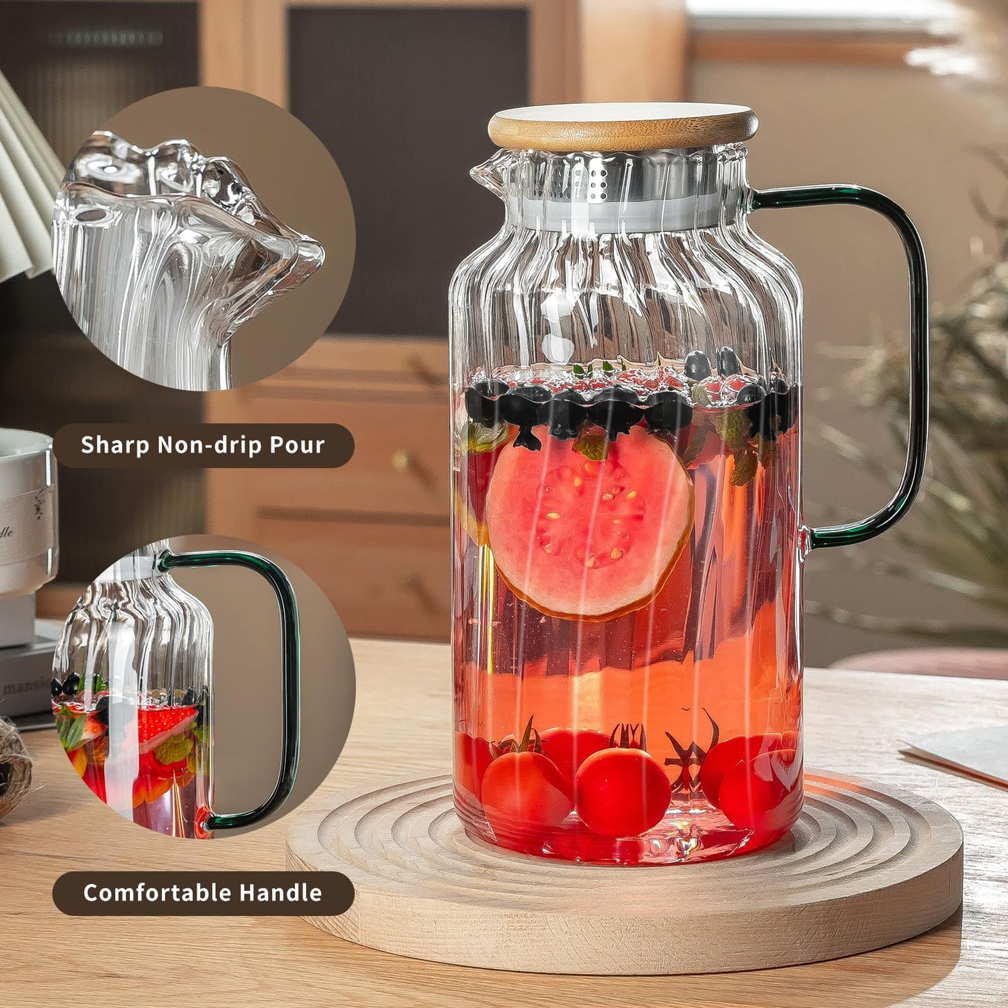 Glass Water Pitcher – 68oz Borosilicate Carafe with Stainless Steel Lid - Heat-Resistant