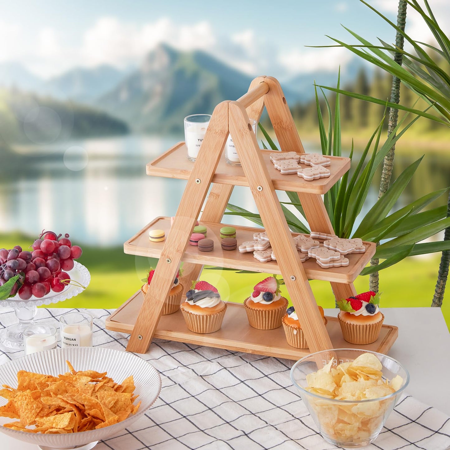 3-Tier Bamboo Cupcake Stand with– Reinforced Dessert Display Tray for Parties, Events, and Home Use