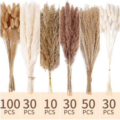 Natural Dried Pampas Grass Bouquet – Mixed Fluffy Pompous Grass for Vase, Boho Decor, Weddings, Gifts & Home Arrangements 100PCS