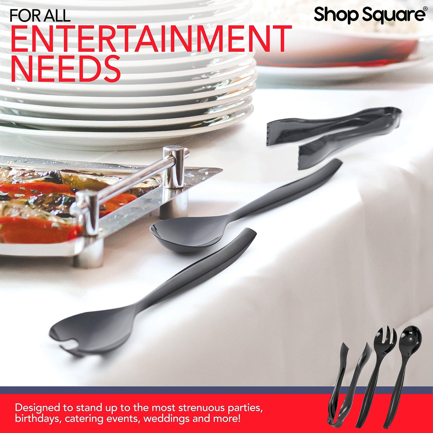 Durable Plastic Serving Utensils Set – 10" Serving Fork, Spoon & 6" Tongs | BPA-Free, Reusable or Disposable | Perfect for Parties, Catering & Events