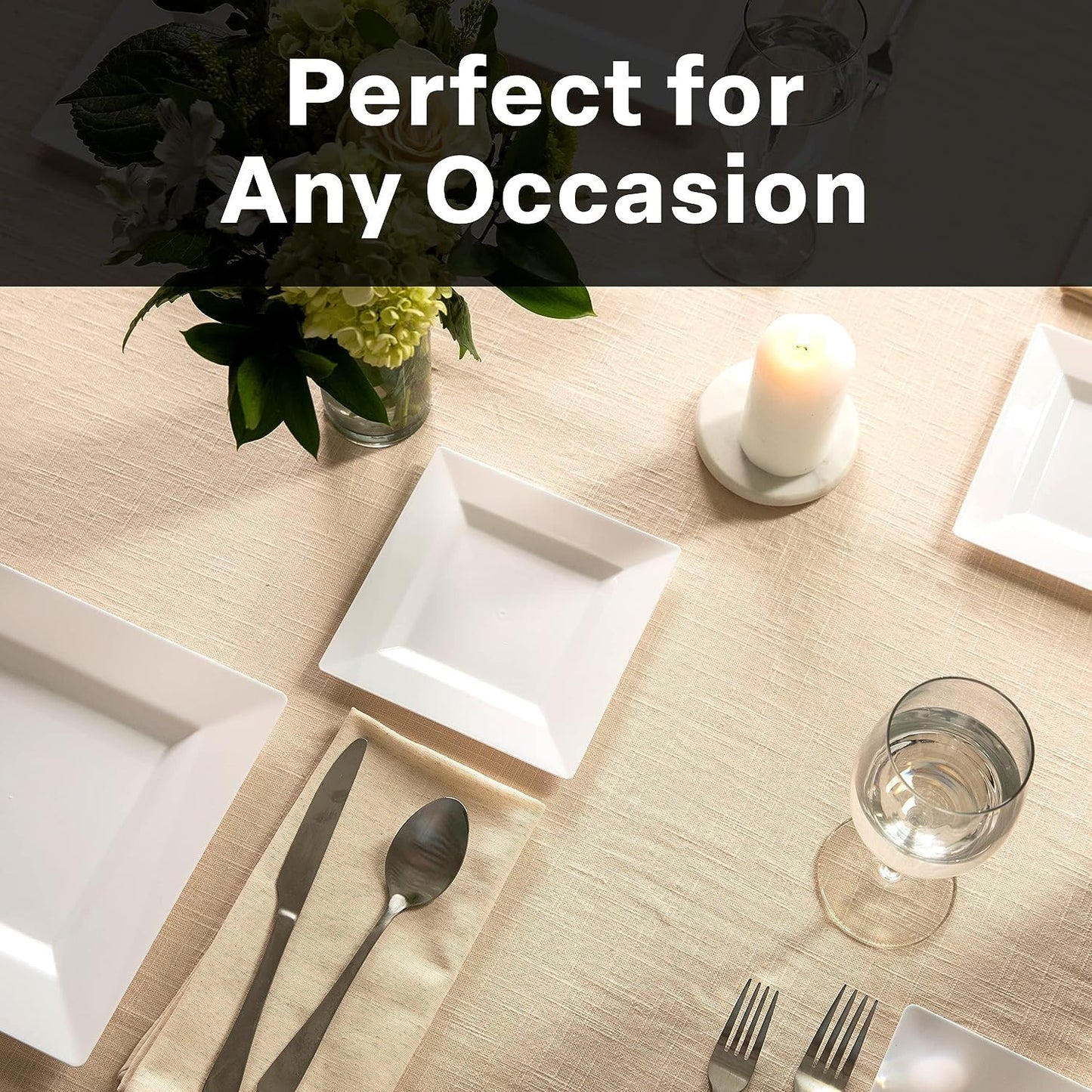 Elegant White Square Plastic Plates Set – 100-Piece Heavy Duty Disposable Dinnerware for 50 Guests (9.5” Dinner + 6.5” Appetizer Plates)