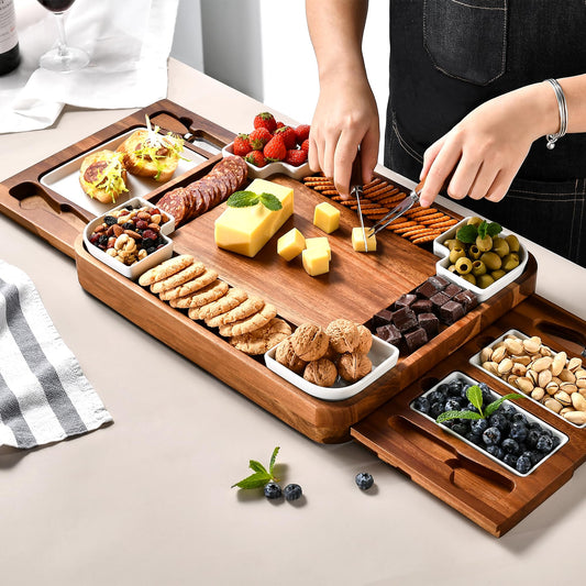 All-Natural Acacia Wood Cheese Board Set with Hidden Drawers, Ceramic Plates, Bowls & Utensils