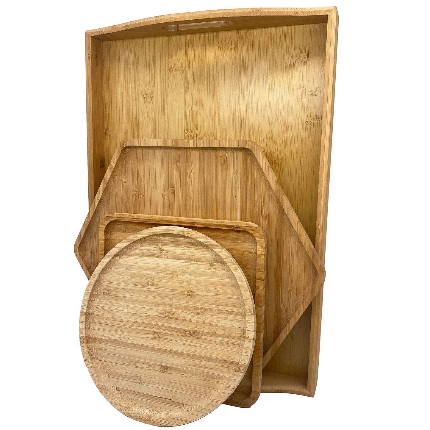 Natural Bamboo Serving Plate Set – Large Rectangle with Handle + Hexagon & Square Plates