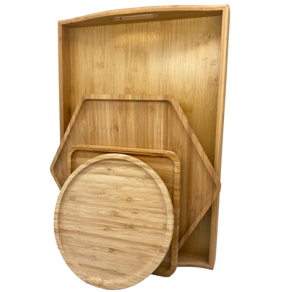 Natural Bamboo Serving Plate Set – Large Rectangle with Handle + Hexagon & Square Plates