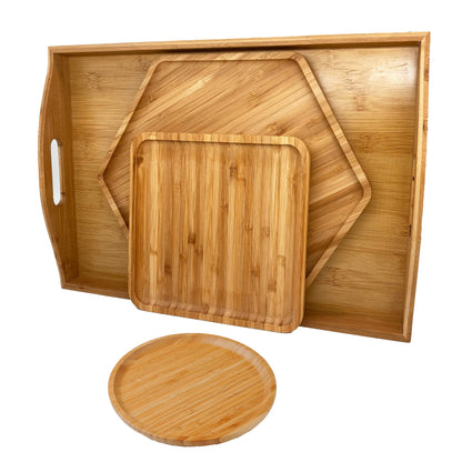 Natural Bamboo Serving Plate Set – Large Rectangle with Handle + Hexagon & Square Plates