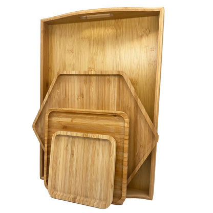 Natural Bamboo Serving Plate Set – Large Rectangle with Handle + Hexagon & Square Plates