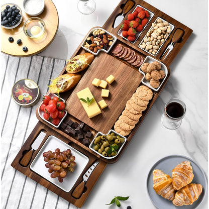 All-Natural Acacia Wood Cheese Board Set with Hidden Drawers, Ceramic Plates, Bowls & Utensils