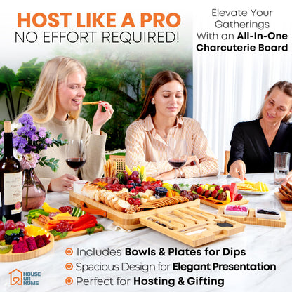 Bamboo Charcuterie Board Set with Cheese Knives, Ceramic Bowls, Plates & Magnetic Drawers – Complete Serving Tray Gift Set for Wine & Cheese Lovers