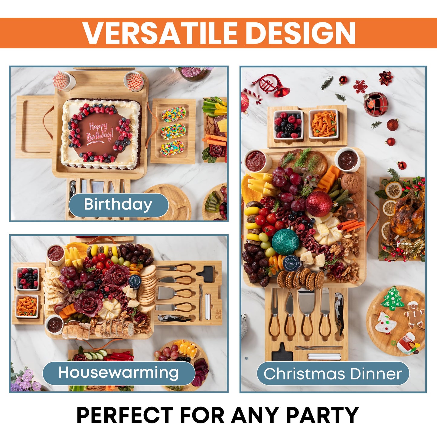 Bamboo Charcuterie Board Set with Cheese Knives, Ceramic Bowls, Plates & Magnetic Drawers – Complete Serving Tray Gift Set for Wine & Cheese Lovers