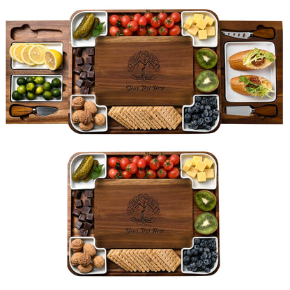 All-Natural Acacia Wood Cheese Board Set with Hidden Drawers, Ceramic Plates, Bowls & Utensils