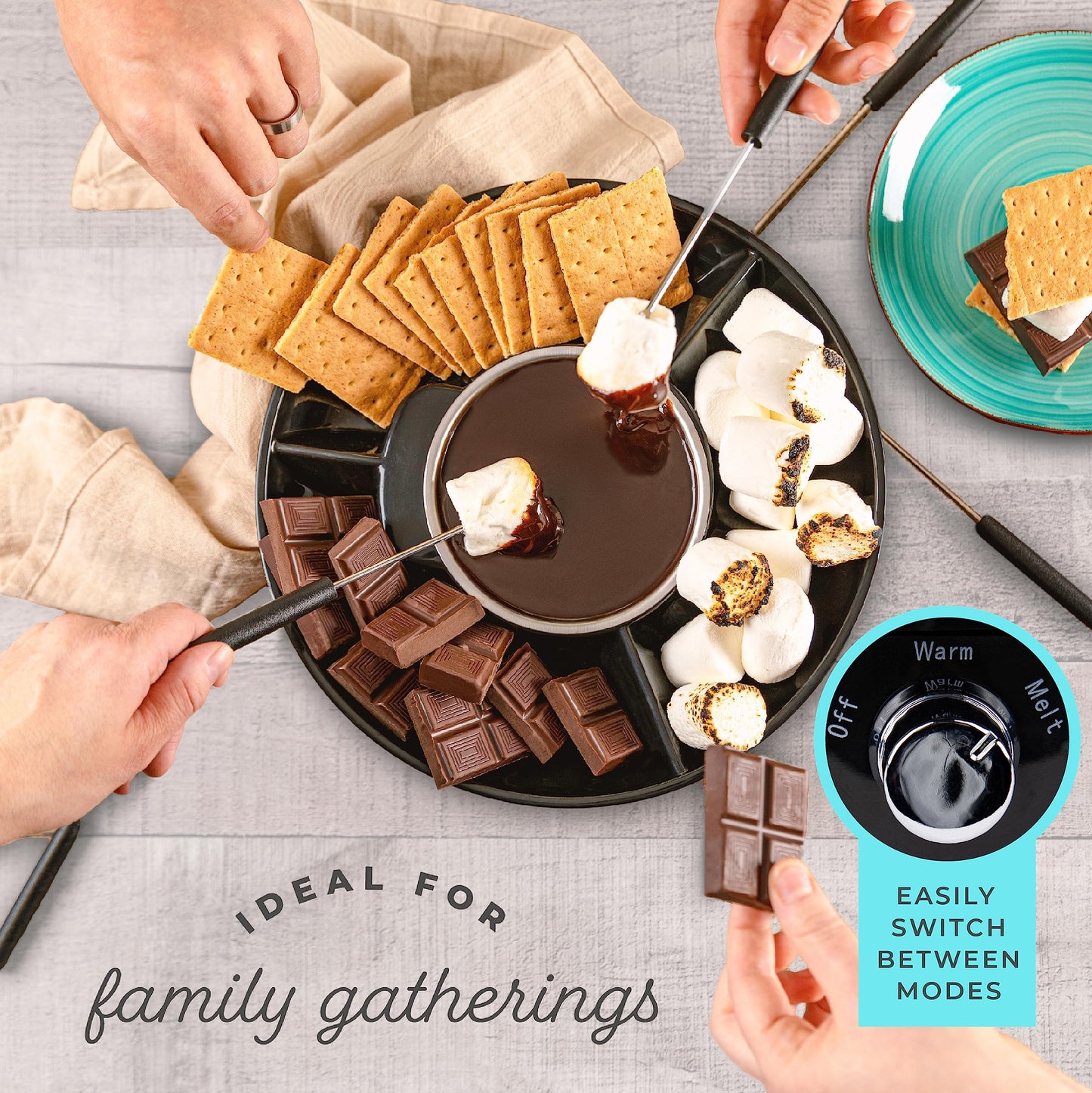 Deluxe Electric Fondue Pot Set – 10oz Melting Bowl with Warming Base, 3-Section Serving Tray & 4 Skewers – Chocolate & Cheese Melting Pot for Parties, Holidays & Gifts Serve at Movie Night or Game Night.