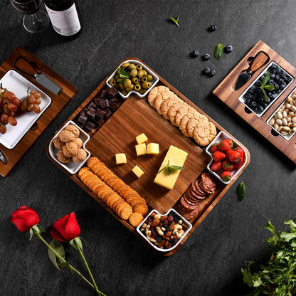 All-Natural Acacia Wood Cheese Board Set with Hidden Drawers, Ceramic Plates, Bowls & Utensils