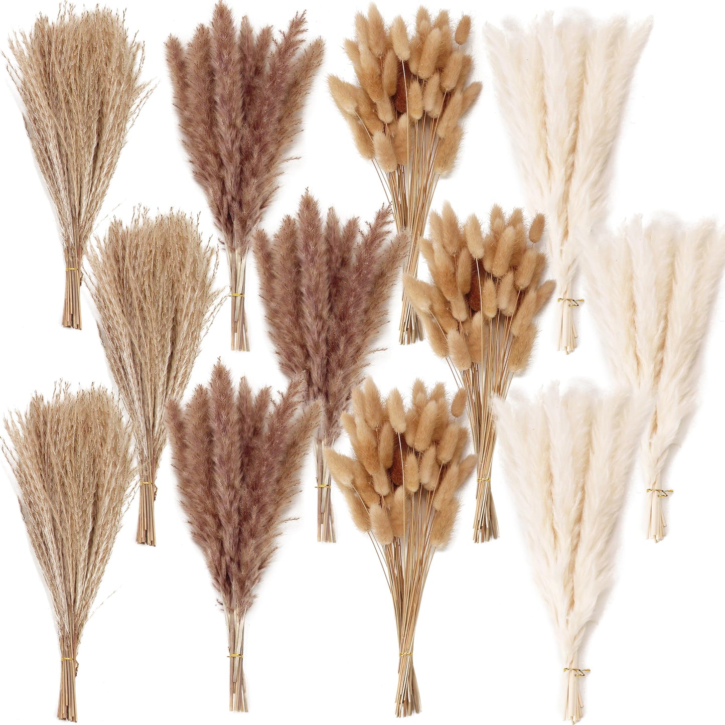 Natural Dried Pampas Grass Bouquet – Mixed Fluffy Pompous Grass for Vase, Boho Decor, Weddings, Gifts & Home Arrangements 100PCS