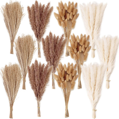 Natural Dried Pampas Grass Bouquet – Mixed Fluffy Pompous Grass for Vase, Boho Decor, Weddings, Gifts & Home Arrangements 100PCS
