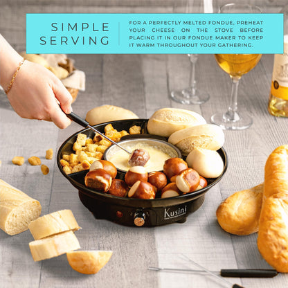 Deluxe Electric Fondue Pot Set – 10oz Melting Bowl with Warming Base, 3-Section Serving Tray & 4 Skewers – Chocolate & Cheese Melting Pot for Parties, Holidays & Gifts Serve at Movie Night or Game Night.