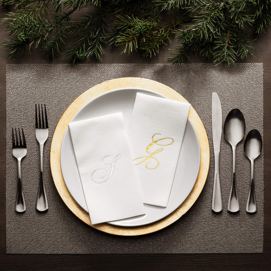 Monogrammed Disposable Napkins – Linen-Feel Paper Guest Hand | Gold or Silver Letter