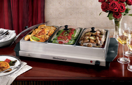 Electric Buffet Food Warmer with 3 Stainless Steel Trays & Dome Lids